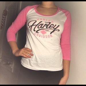 Baseball tee style, pink Harley Davidson shirt
